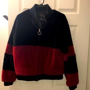 faux fur coat,red and black color block pattern, satiny lining, zip-up front